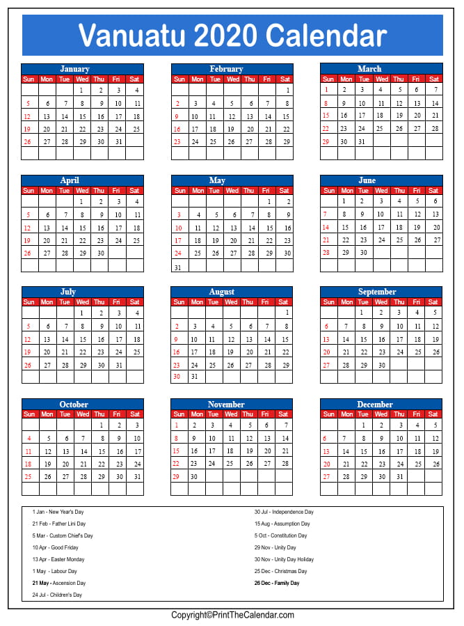 Vanuatu Printable Calendar 2020
